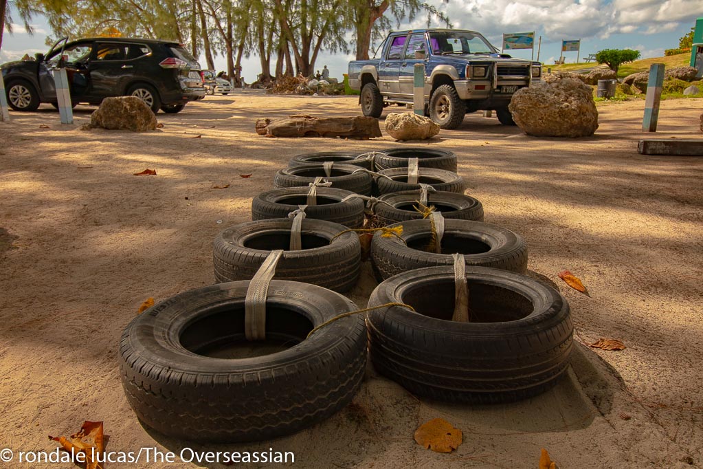 Tires used as part of the outdoor gym at Enterprise Beach, Barbados.
